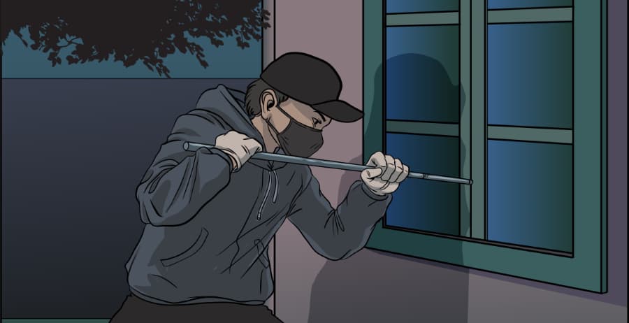 Illustration of burglar forcing entry through a window in Huntsville